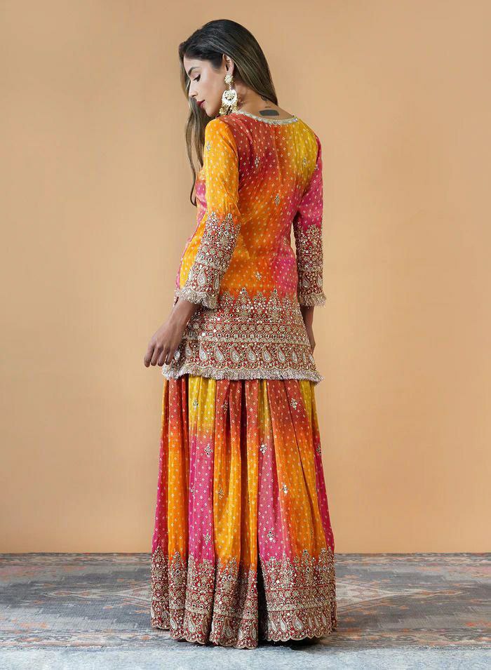 Prazu Fashion Yellow And Pink Chinon Silk Embroidered Palazzo Suit