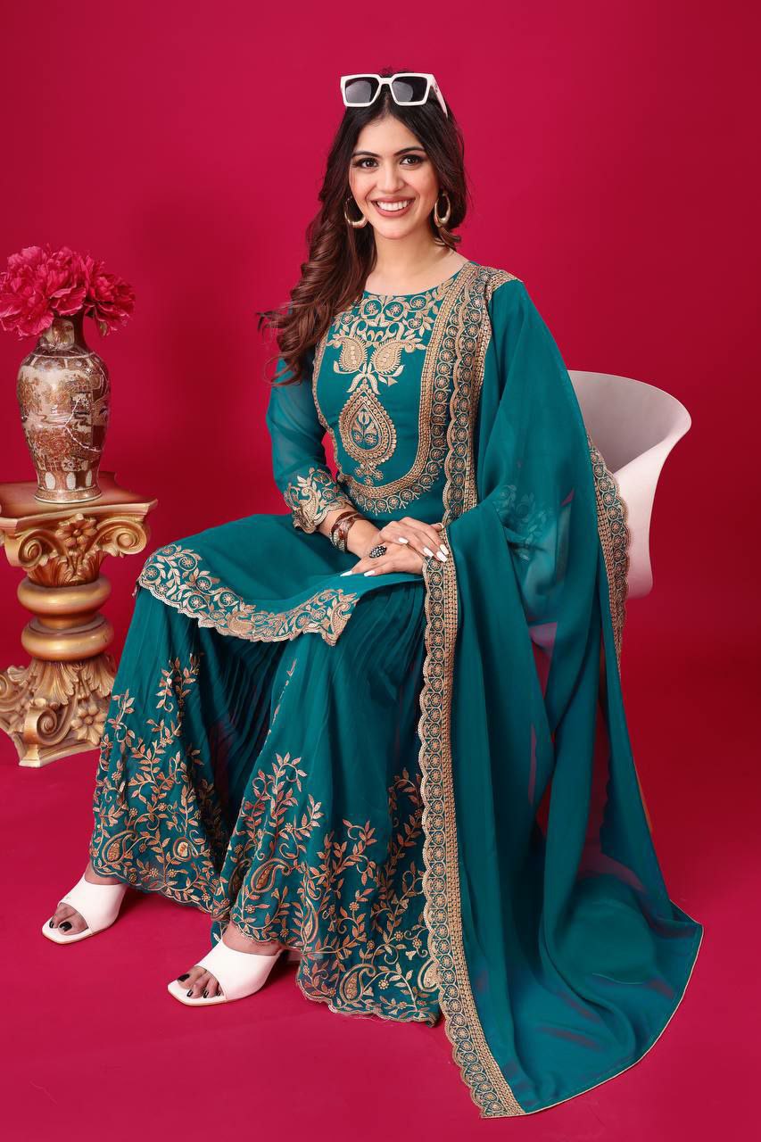 Prazu Fashion Turquoise Georgette Embroidered Palazzo Suit