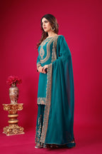 Prazu Fashion Turquoise Georgette Embroidered Palazzo Suit