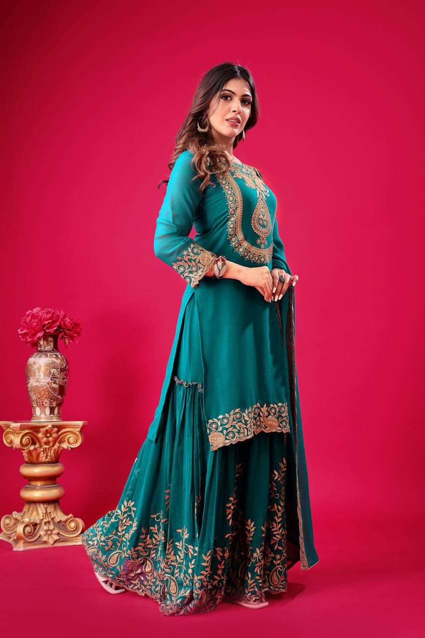 Prazu Fashion Turquoise Georgette Embroidered Palazzo Suit