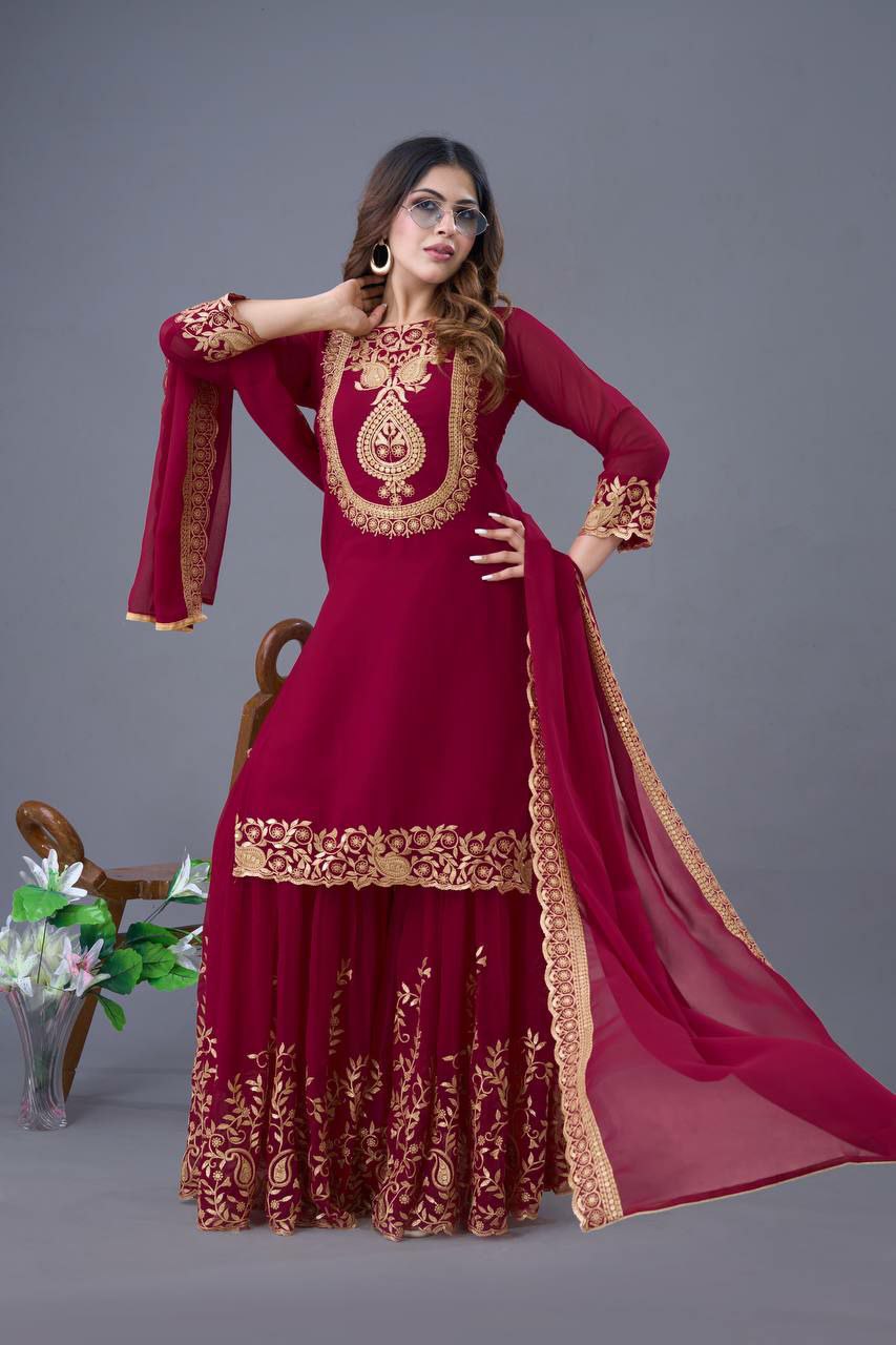 Prazu Fashion Wine Georgette Embroidered Palazzo Suit