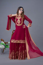 Prazu Fashion Wine Georgette Embroidered Palazzo Suit