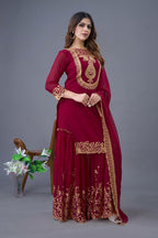 Prazu Fashion Wine Georgette Embroidered Palazzo Suit