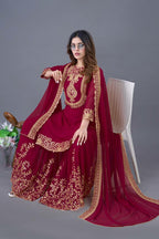 Prazu Fashion Wine Georgette Embroidered Palazzo Suit