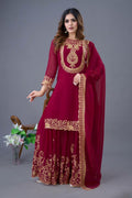 Prazu Fashion Wine Georgette Embroidered Palazzo Suit