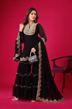 Prazu Fashion Black Georgette Embroidered Plazzo Suit