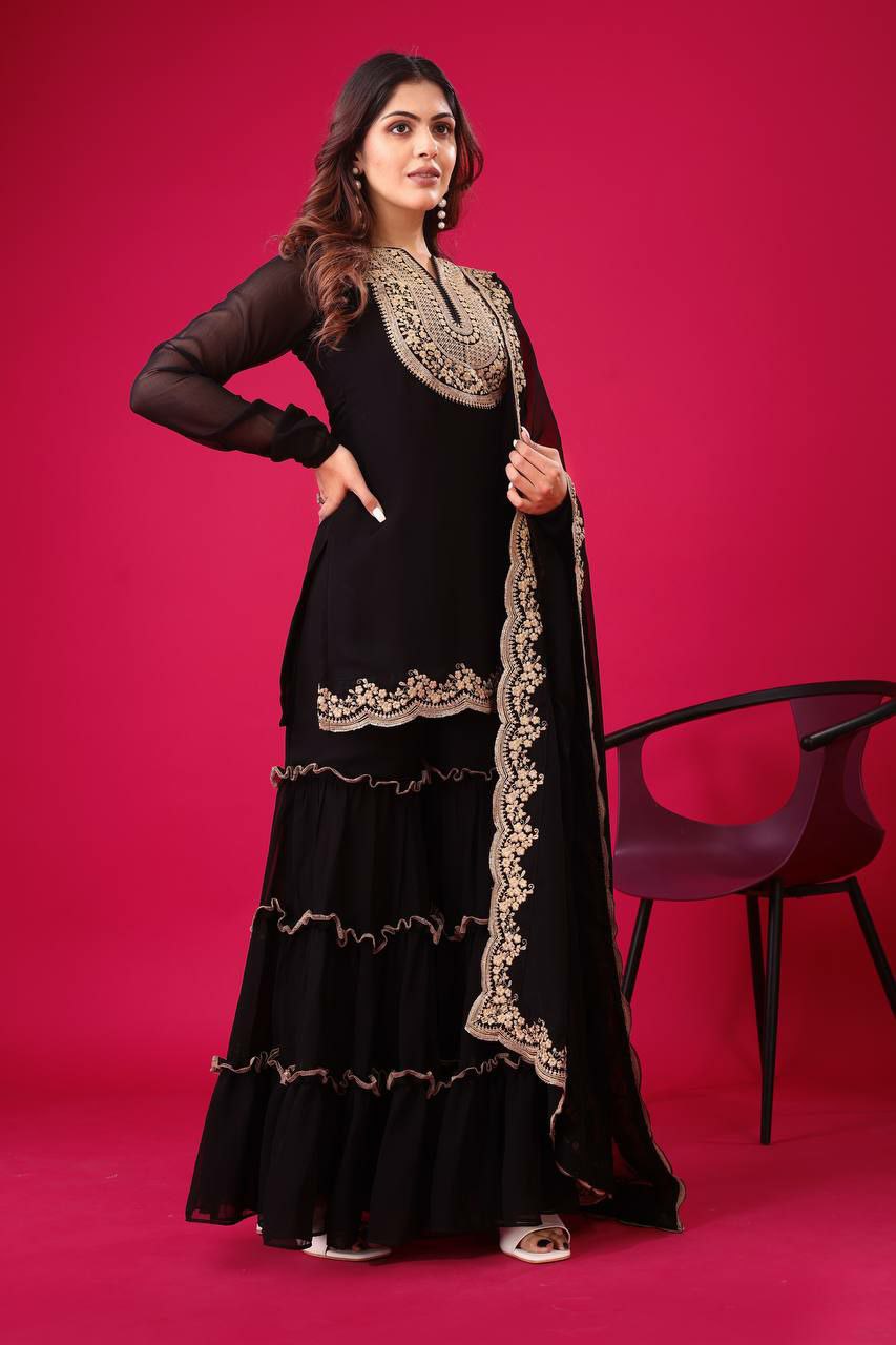 Prazu Fashion Black Georgette Embroidered Plazzo Suit