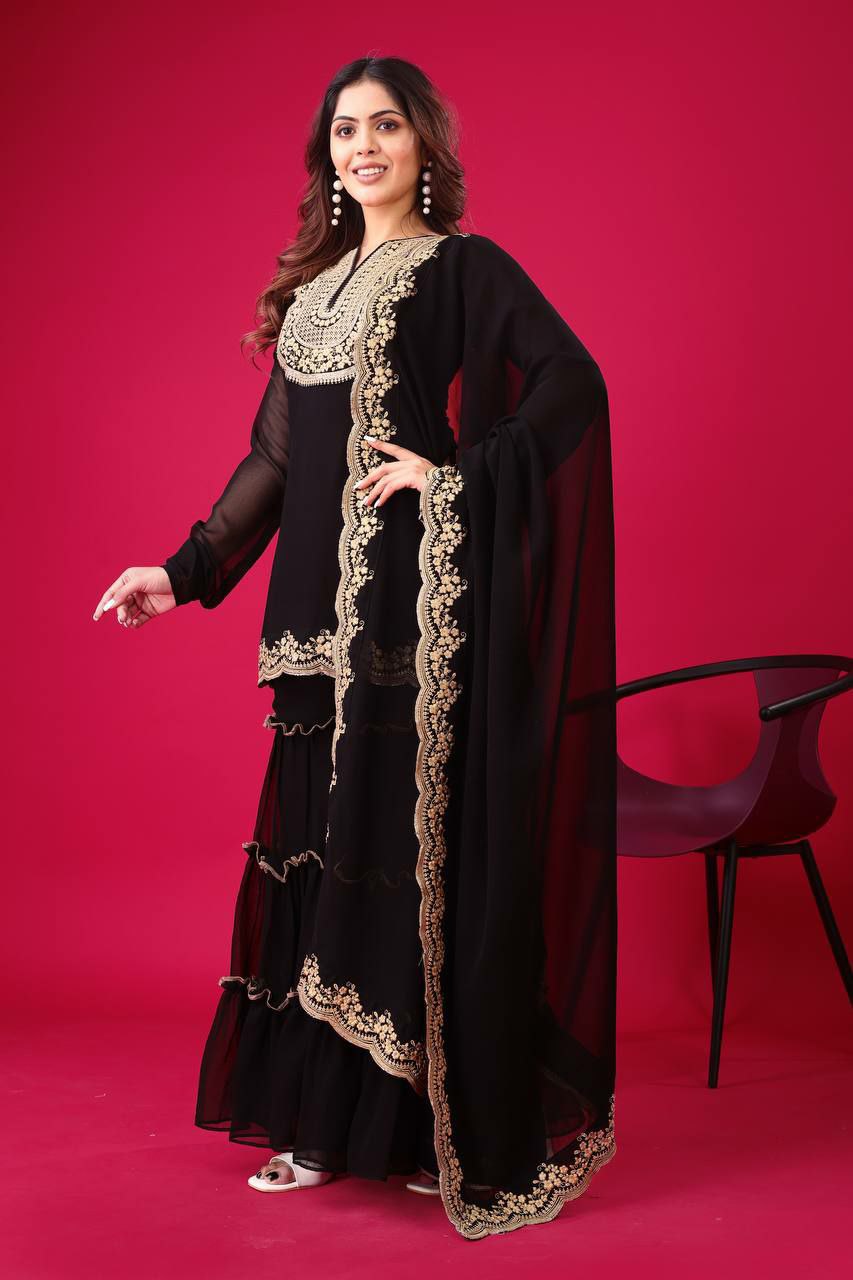 Prazu Fashion Black Georgette Embroidered Plazzo Suit