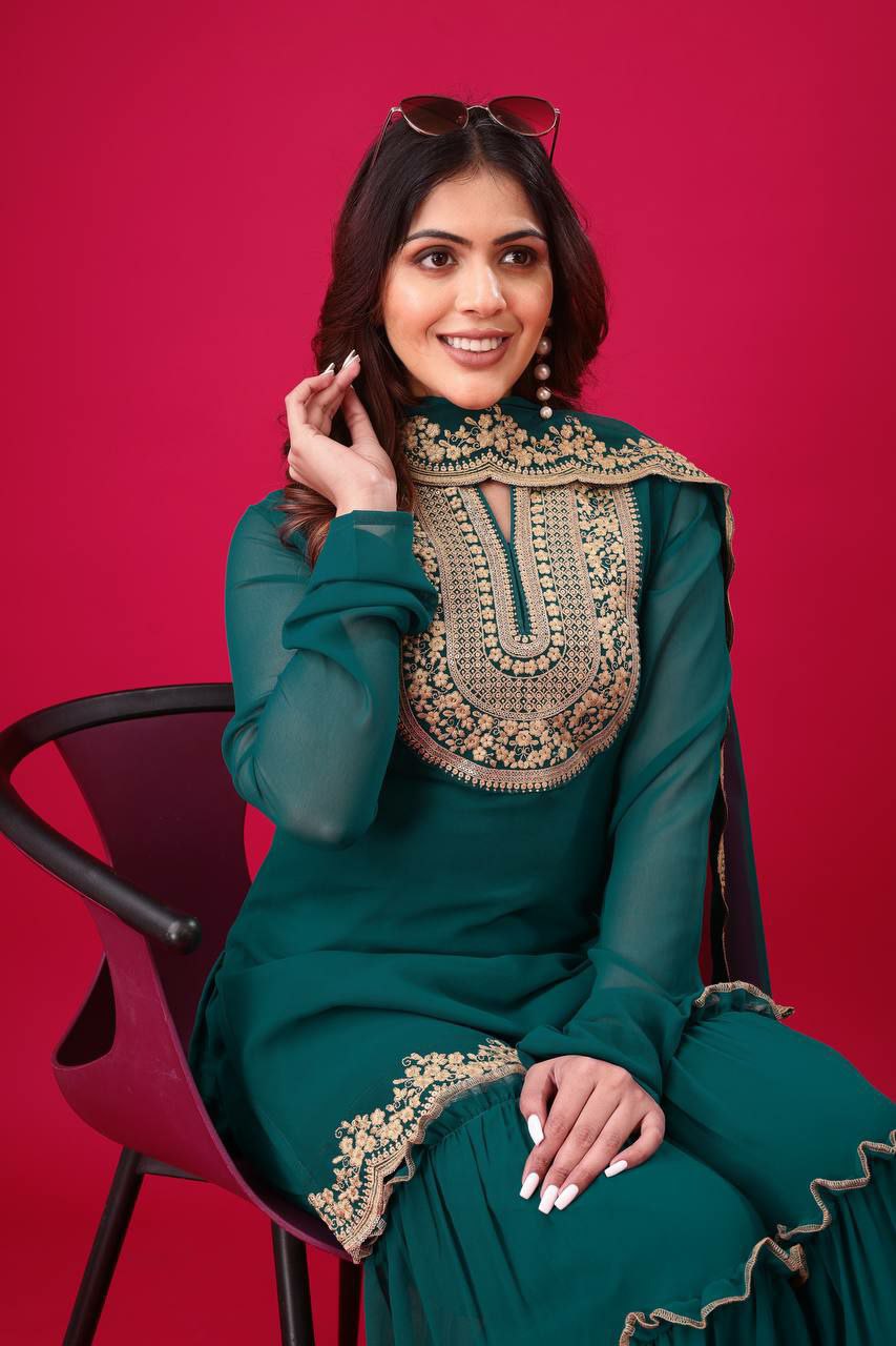 Prazu Fashion Royal Blue Georgette Embroidered Palazzo Suit