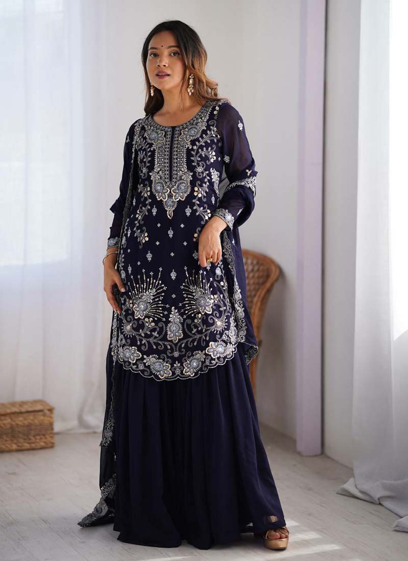 Prazu Fashion Blue Georgette Sequence Sharara Suit - Distacart
