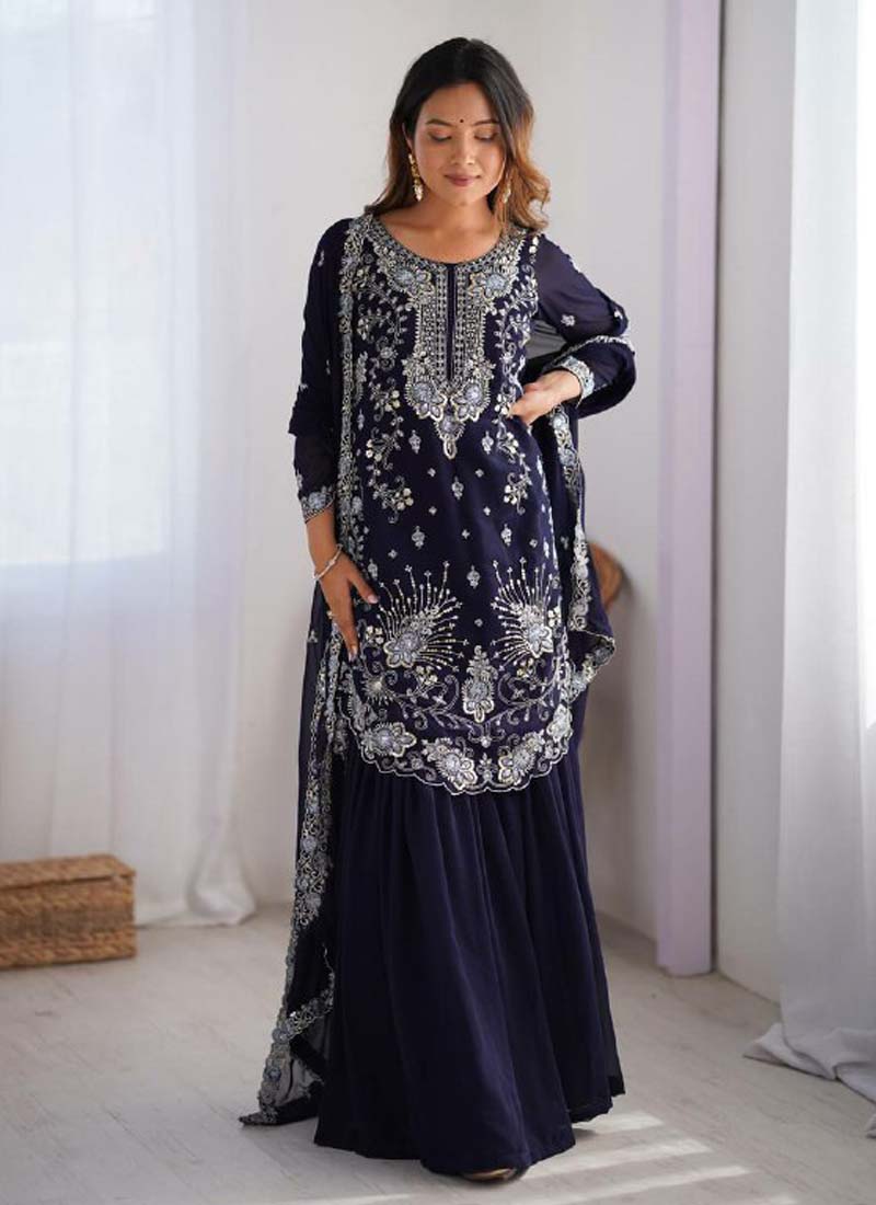 Prazu Fashion Blue Georgette Sequence Sharara Suit - Distacart