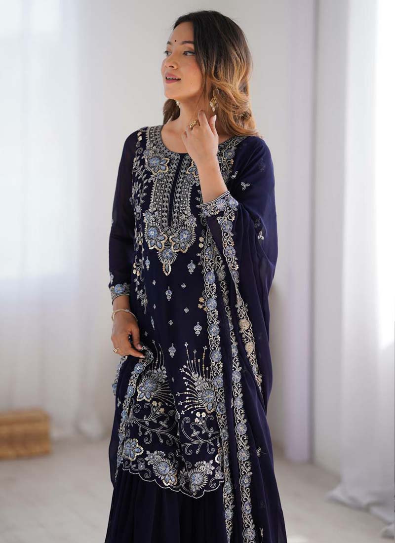 Prazu Fashion Blue Georgette Sequence Sharara Suit - Distacart
