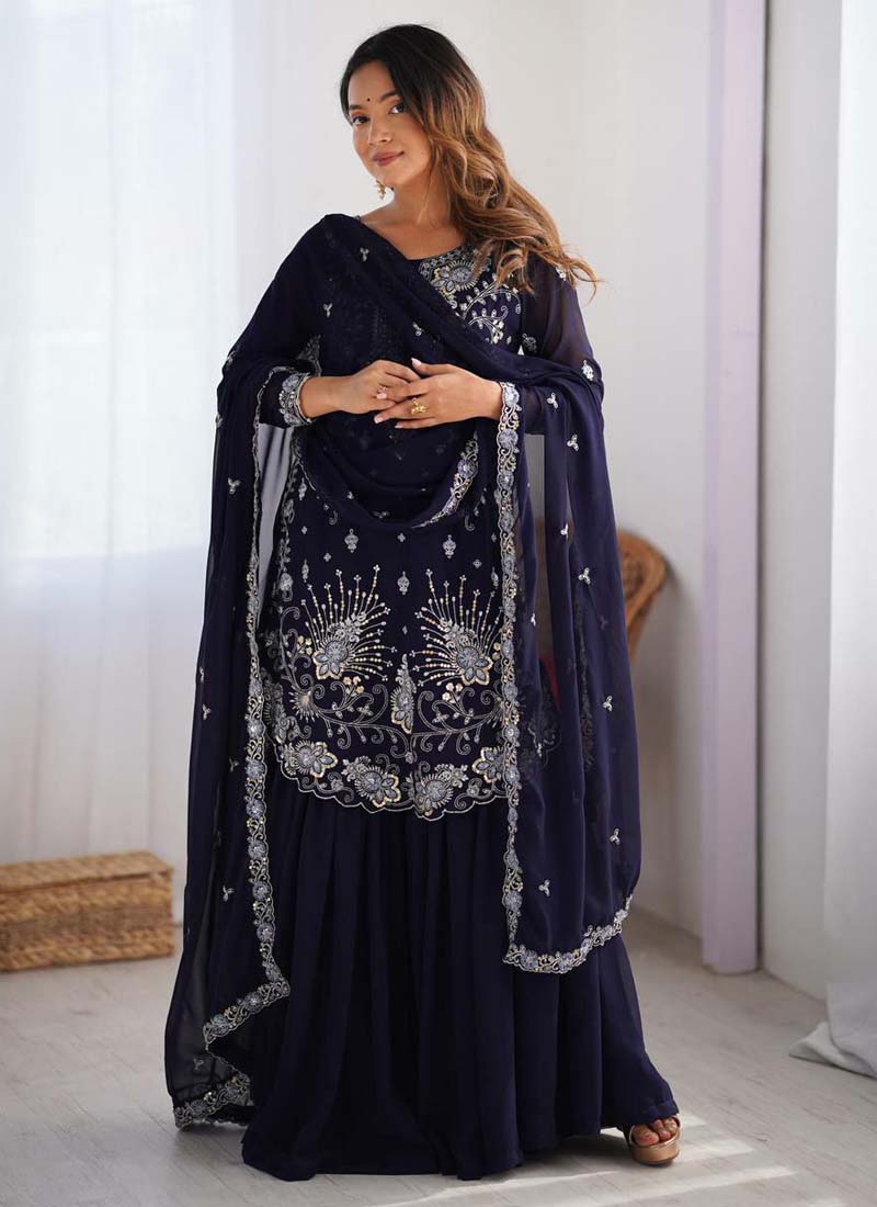 Prazu Fashion Blue Georgette Sequence Sharara Suit - Distacart
