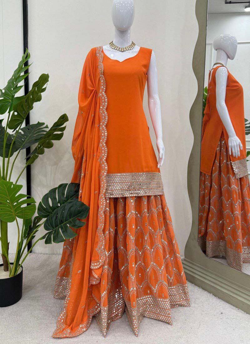 Prazu Fashion Orange Georgette Sequence Palazzo Suit