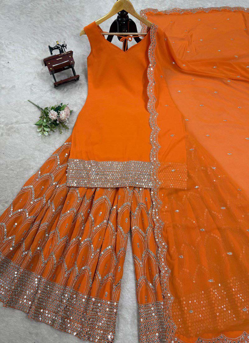 Prazu Fashion Orange Georgette Sequence Palazzo Suit