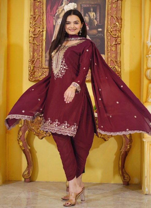 Prazu Fashion Maroon Chinon Silk Embroiderd Dhoti Suit - Distacart