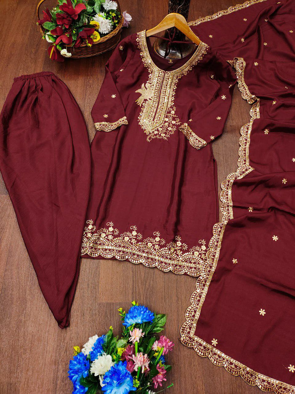 Prazu Fashion Maroon Chinon Silk Embroiderd Dhoti Suit - Distacart