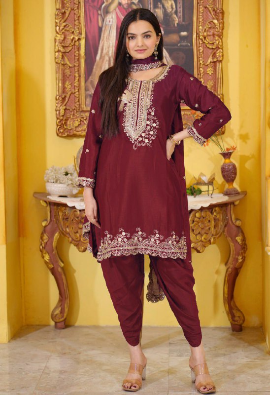 Prazu Fashion Maroon Chinon Silk Embroiderd Dhoti Suit - Distacart