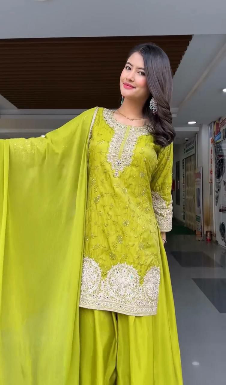 Prazu Fashion Lime Yellow Chinon Silk Embroidered Palazzo Suit