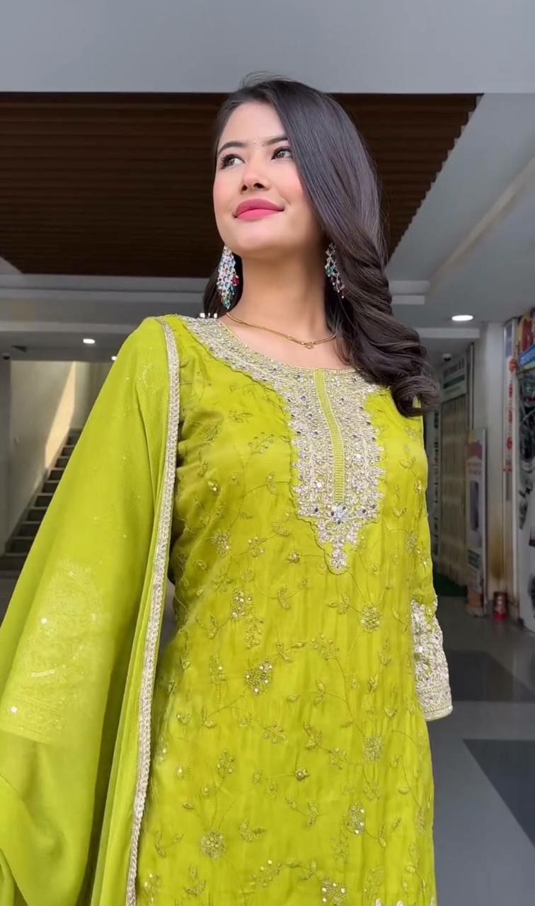 Prazu Fashion Lime Yellow Chinon Silk Embroidered Palazzo Suit
