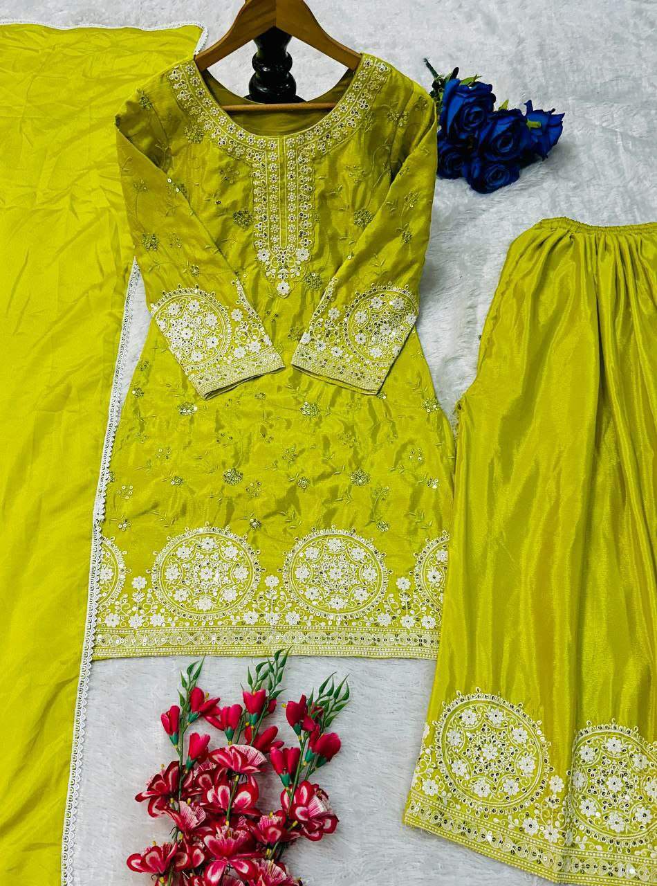 Prazu Fashion Lime Yellow Chinon Silk Embroidered Palazzo Suit