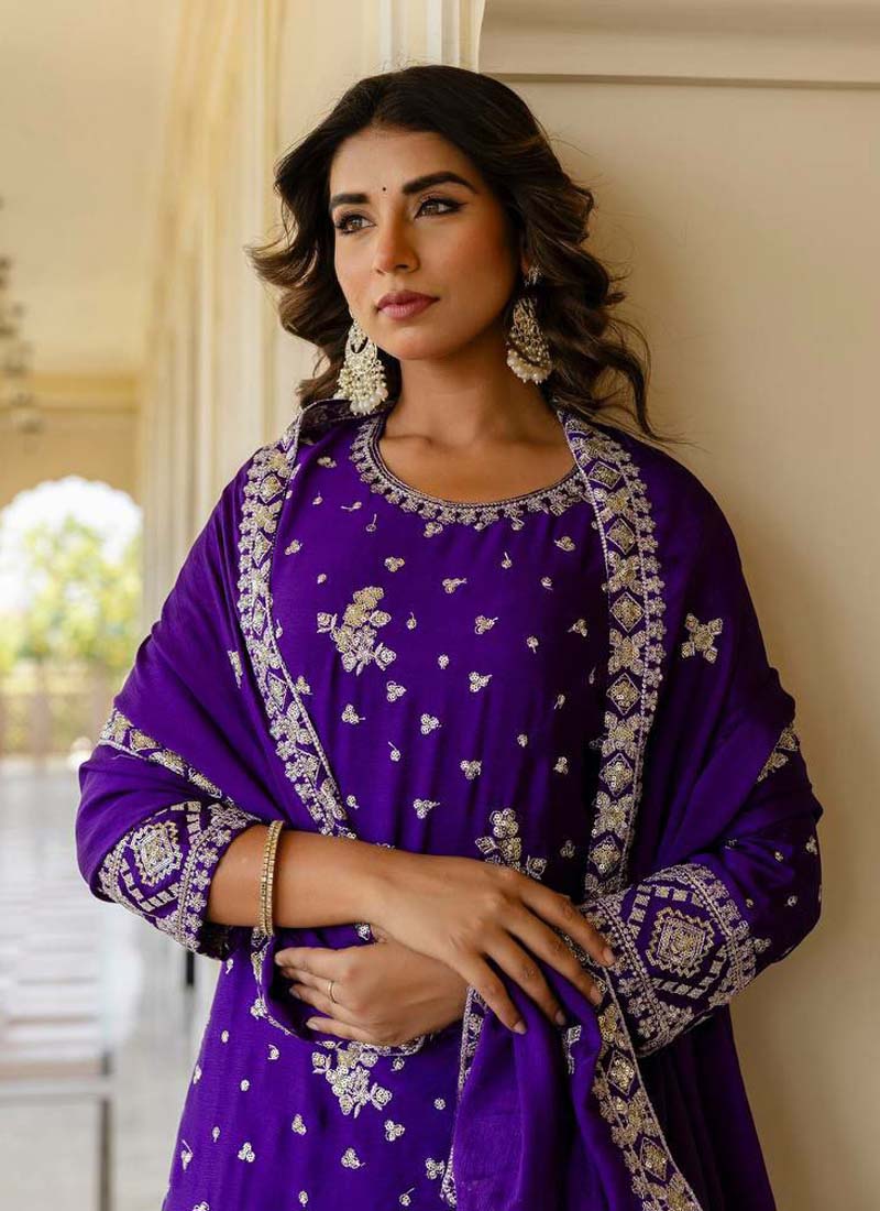 Prazu Fashion Violet Chinon Silk Sequence Sharara Suit - Distacart