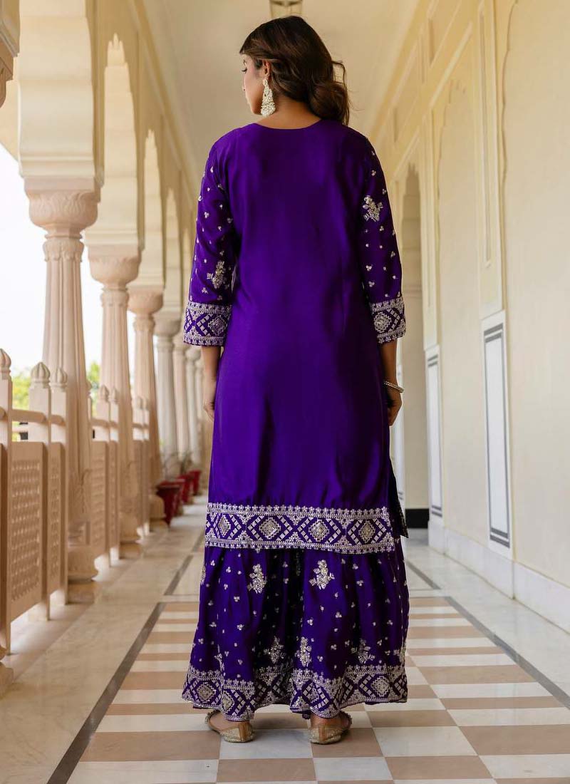 Prazu Fashion Violet Chinon Silk Sequence Sharara Suit - Distacart
