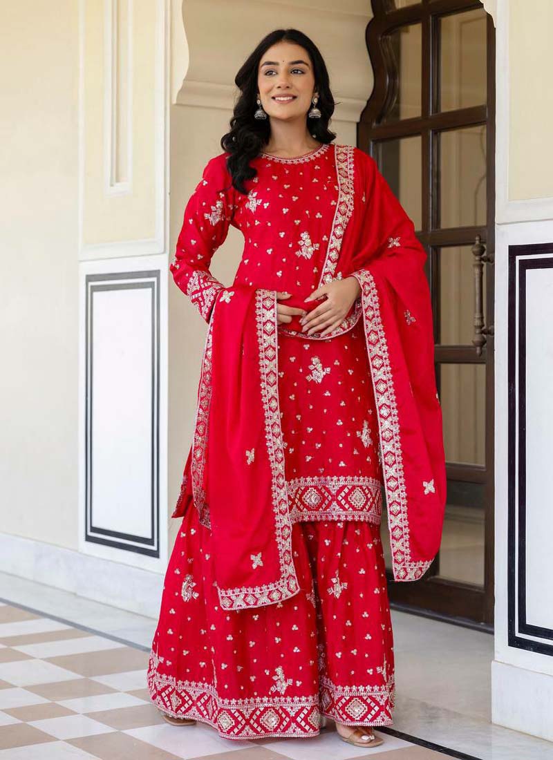 Prazu Fashion Red Chinon Silk Sequence Sharara Suit - Distacart