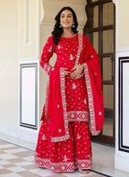 Prazu Fashion Red Chinon Silk Sequence Sharara Suit - Distacart