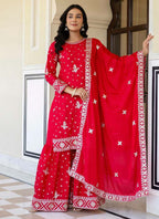 Prazu Fashion Red Chinon Silk Sequence Sharara Suit - Distacart