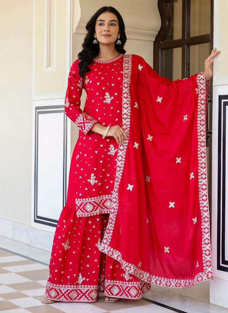 Prazu Fashion Red Chinon Silk Sequence Sharara Suit - Distacart