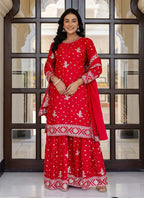 Prazu Fashion Red Chinon Silk Sequence Sharara Suit - Distacart