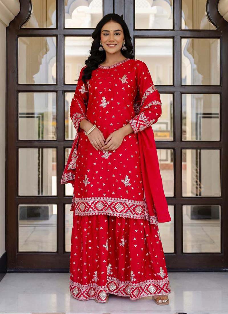 Prazu Fashion Red Chinon Silk Sequence Sharara Suit - Distacart