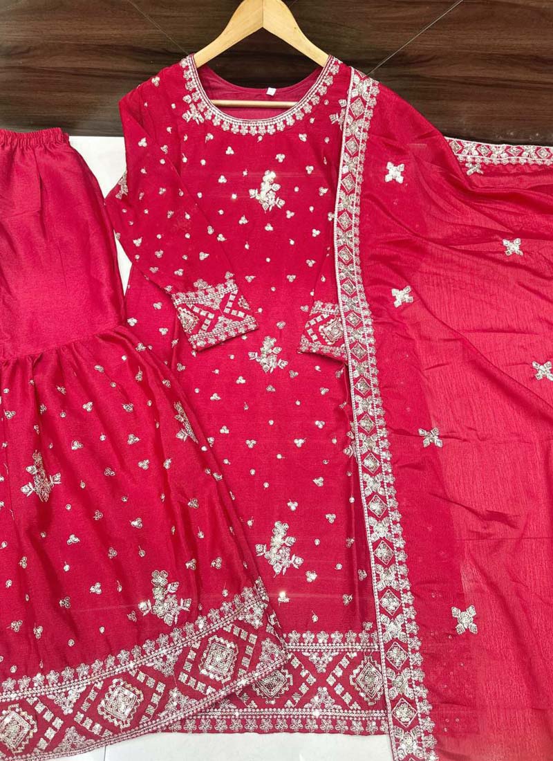 Prazu Fashion Red Chinon Silk Sequence Sharara Suit - Distacart