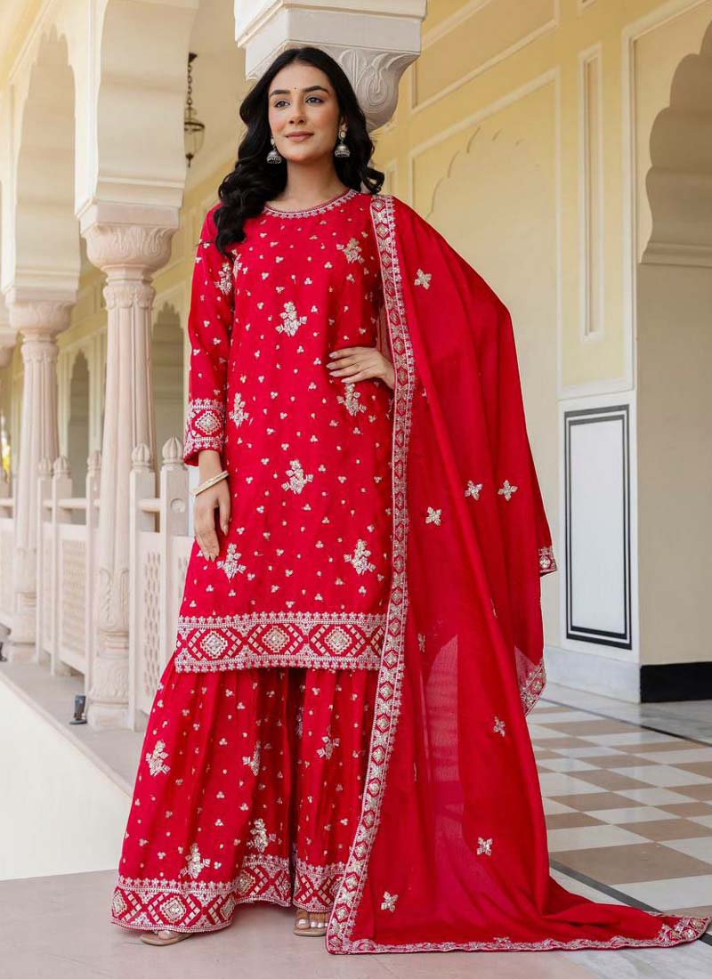 Prazu Fashion Red Chinon Silk Sequence Sharara Suit - Distacart