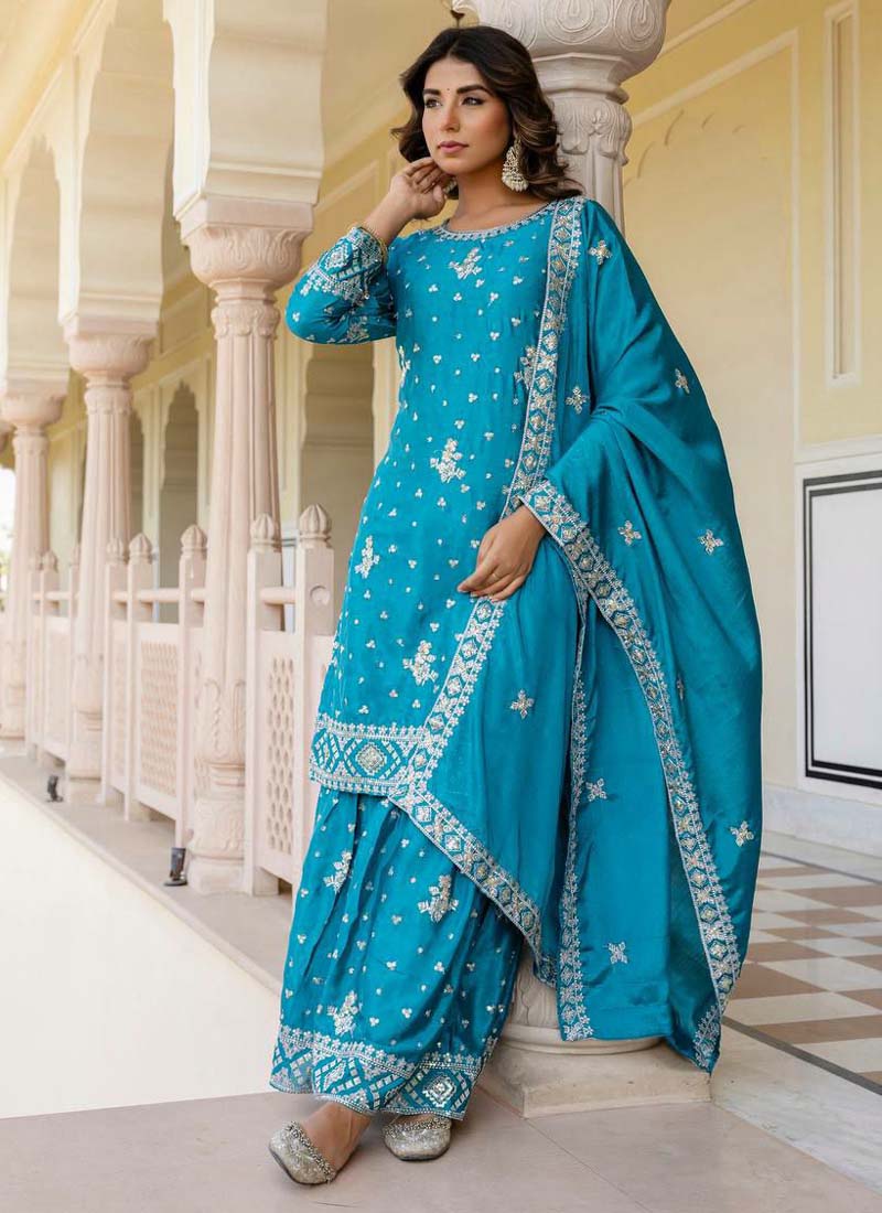 Prazu Fashion Teal Blue Chinon Silk Sequence Sharara Suit - Distacart