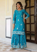 Prazu Fashion Teal Blue Chinon Silk Sequence Sharara Suit - Distacart