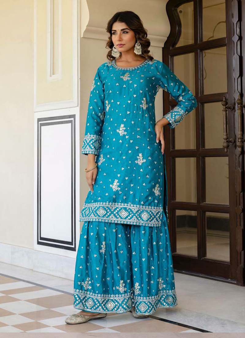 Prazu Fashion Teal Blue Chinon Silk Sequence Sharara Suit - Distacart