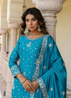 Prazu Fashion Teal Blue Chinon Silk Sequence Sharara Suit - Distacart