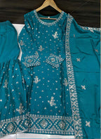 Prazu Fashion Teal Blue Chinon Silk Sequence Sharara Suit - Distacart
