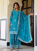 Prazu Fashion Teal Blue Chinon Silk Sequence Sharara Suit - Distacart