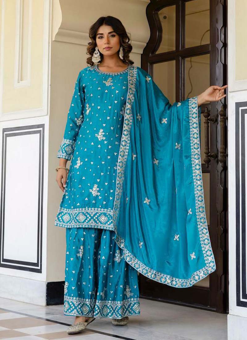 Prazu Fashion Teal Blue Chinon Silk Sequence Sharara Suit - Distacart
