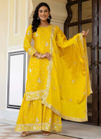 Prazu Fashion Yellow Chinon Silk Sequence Sharara Suit - Distacart