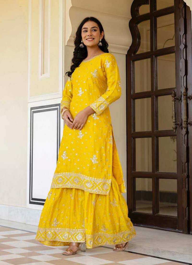 Prazu Fashion Yellow Chinon Silk Sequence Sharara Suit - Distacart