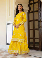 Prazu Fashion Yellow Chinon Silk Sequence Sharara Suit - Distacart