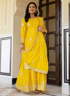 Prazu Fashion Yellow Chinon Silk Sequence Sharara Suit - Distacart