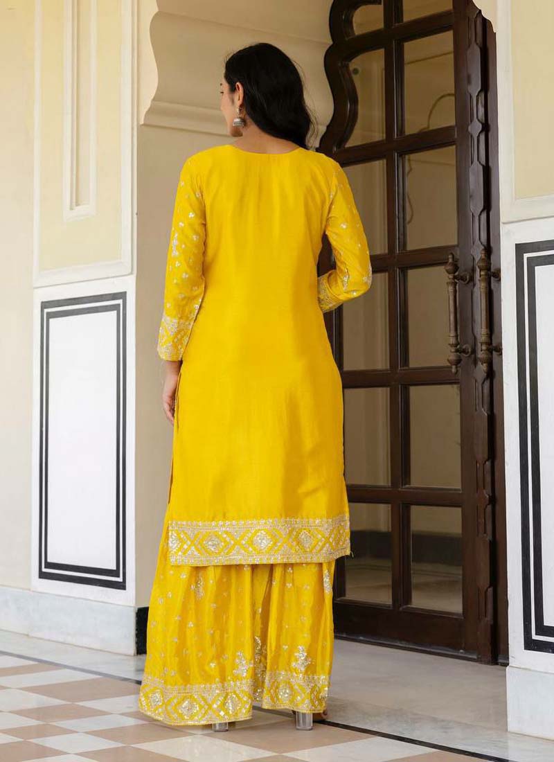 Prazu Fashion Yellow Chinon Silk Sequence Sharara Suit - Distacart
