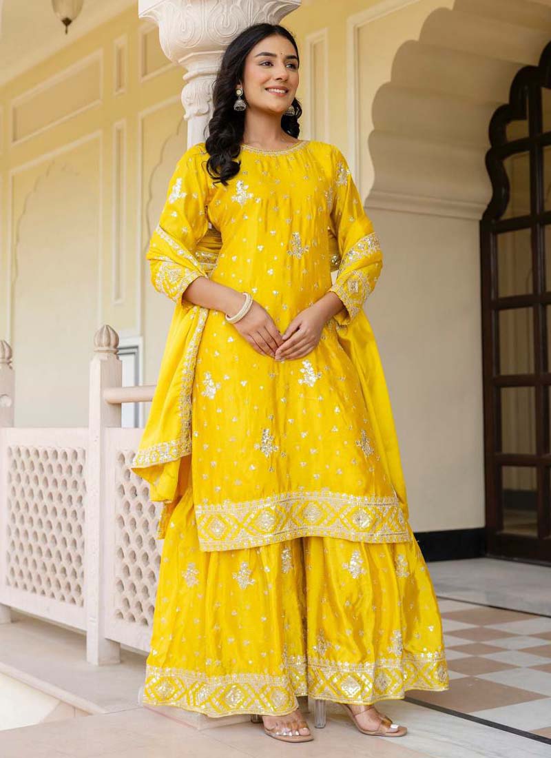 Prazu Fashion Yellow Chinon Silk Sequence Sharara Suit - Distacart
