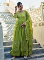 Prazu Fashion Parrot Green Chinon Silk Embroidered Nayra Cut Sharara Suit - Distacart