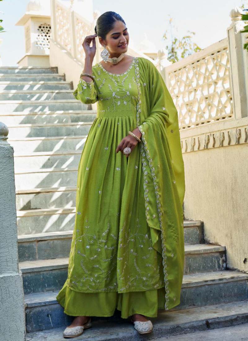 Prazu Fashion Parrot Green Chinon Silk Embroidered Nayra Cut Sharara Suit - Distacart